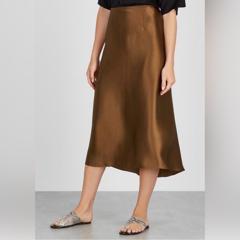 Vince 100% Silk Copper Brown Asymmetrical Hi-Low Midi Skirt Size 12